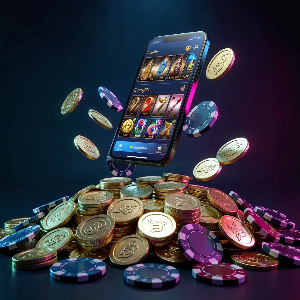 JYJILL online casino app promotion banner featuring a phone floating above golden coins and poker chips with a dark blue and black background and cinematic neon glow in a realistic 3D render