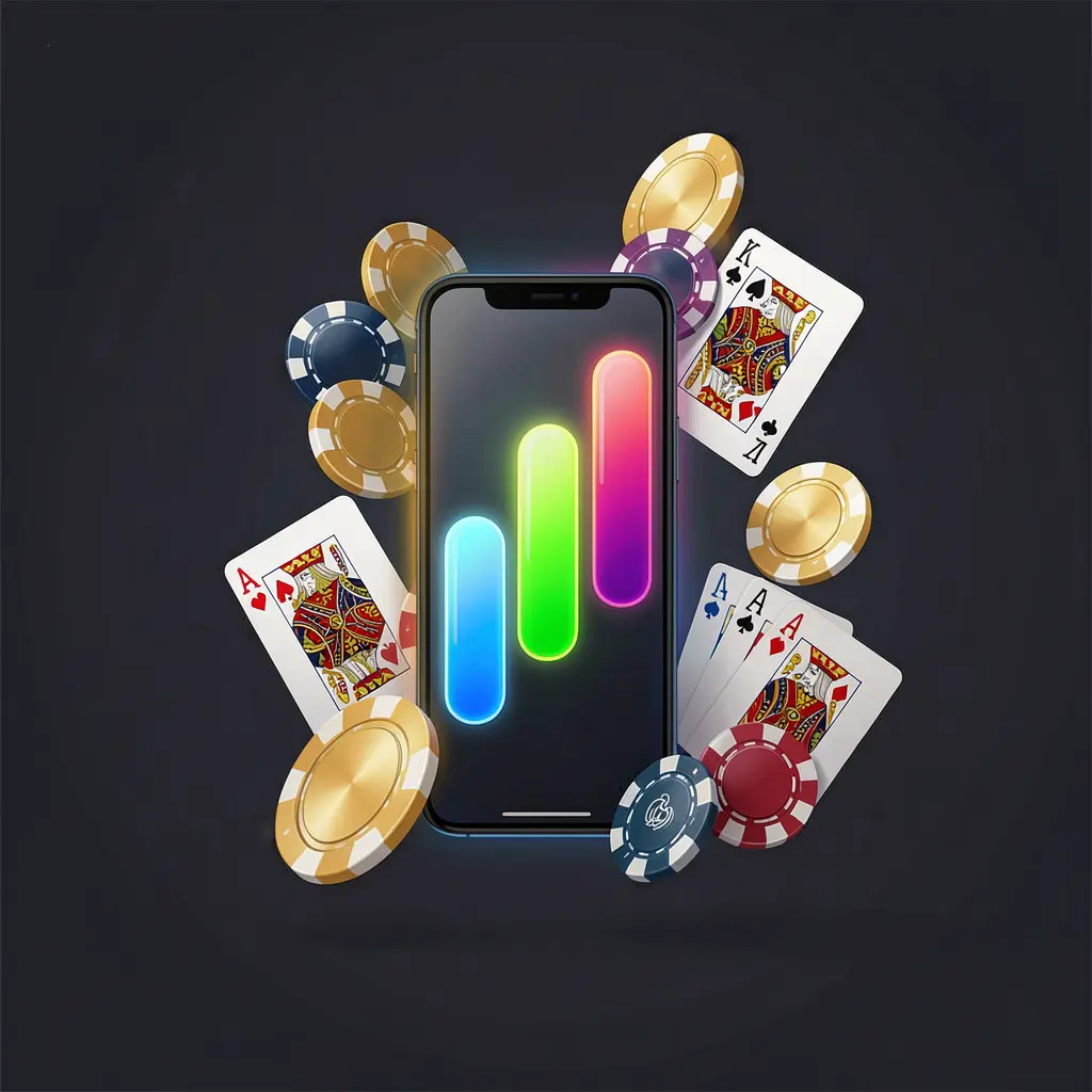 JYJILL casino app installation screen on a smartphone with a glowing progress bar, surrounded by coins, chips, and playing cards on a dark background