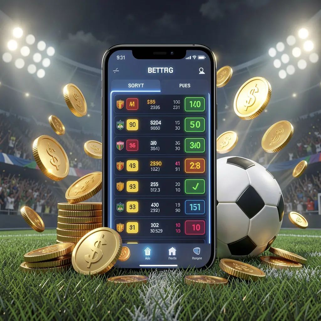 JYJILL modern football betting visual featuring a smartphone displaying glowing sports odds interface, surrounded by a soccer ball, golden coins, and stadium lights in a premium 3D illustration JYJILL modern football betting visual featuring a smartphone displaying glowing sports odds interface, surrounded by a soccer ball, golden coins, and stadium lights in a premium 3D illustration