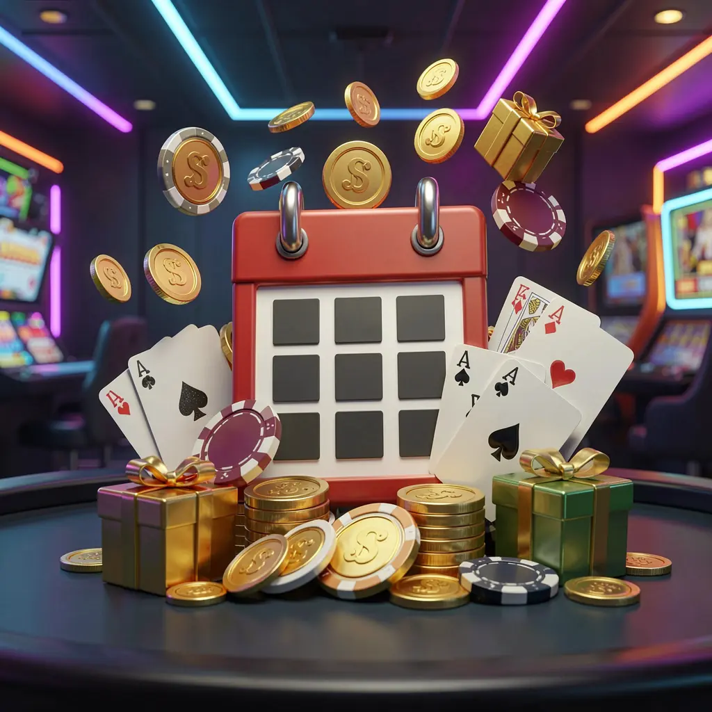 JYJILL weekly online casino bonus concept featuring a calendar icon surrounded by golden coins, gift boxes, poker chips, and playing cards in a festive casino atmosphere with dark modern background and neon lights JYJILL weekly online casino bonus concept featuring a calendar icon surrounded by golden coins, gift boxes, poker chips, and playing cards in a festive casino atmosphere with dark modern background and neon lights