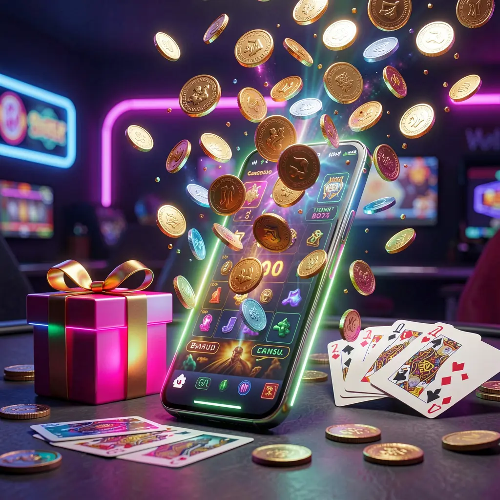 JYJILL mobile casino bonus banner featuring a smartphone with coins bursting from the screen, a gift box and playing cards nearby, all illuminated by a bright neon glow in a premium realistic 3D render JYJILL mobile casino bonus banner featuring a smartphone with coins bursting from the screen, a gift box and playing cards nearby, all illuminated by a bright neon glow in a premium realistic 3D render