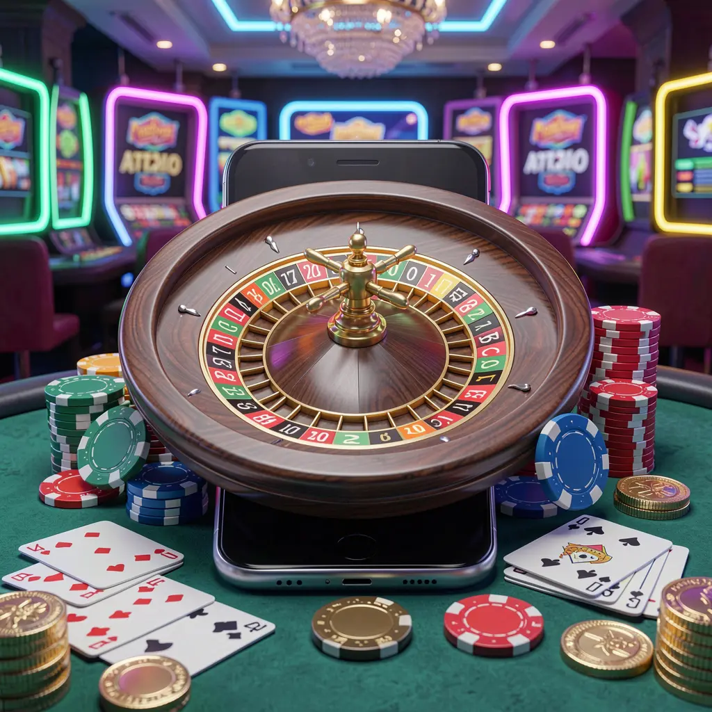 JYJILL mobile casino experience showing a smartphone surrounded by a roulette wheel, chips, cards, and coins in a bright neon casino atmosphere JYJILL mobile casino experience showing a smartphone surrounded by a roulette wheel, chips, cards, and coins in a bright neon casino atmosphere