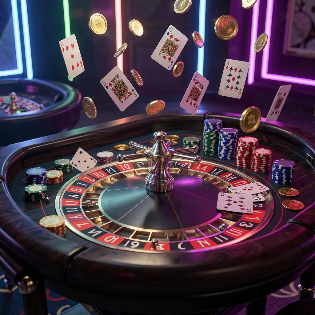 JYJILL premium casino gaming scene featuring an elegant roulette table with chips and cards, golden coins flying in the air under dramatic neon lighting in a high detail 3D render JYJILL premium casino gaming scene featuring an elegant roulette table with chips and cards, golden coins flying in the air under dramatic neon lighting in a high detail 3D render