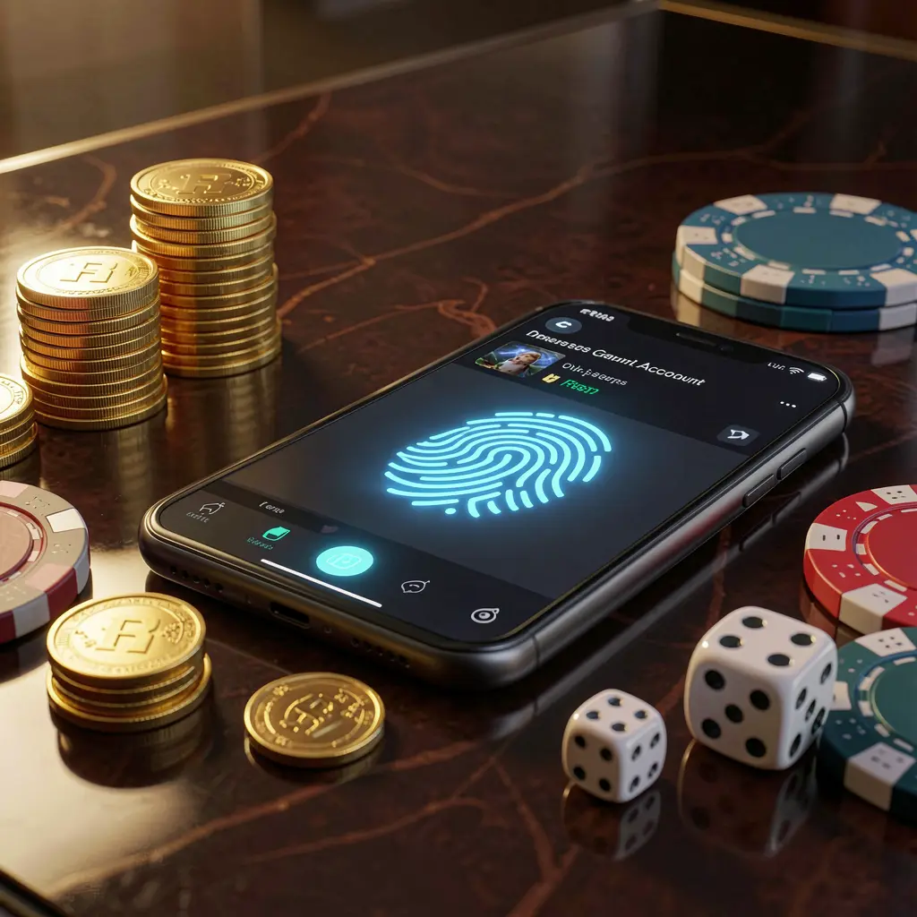 JYJILL online gaming account access scene with smartphone displaying glowing fingerprint icon, golden coins, dice, and poker chips on a glossy table under cinematic lighting JYJILL online gaming account access scene with smartphone displaying glowing fingerprint icon, golden coins, dice, and poker chips on a glossy table under cinematic lighting