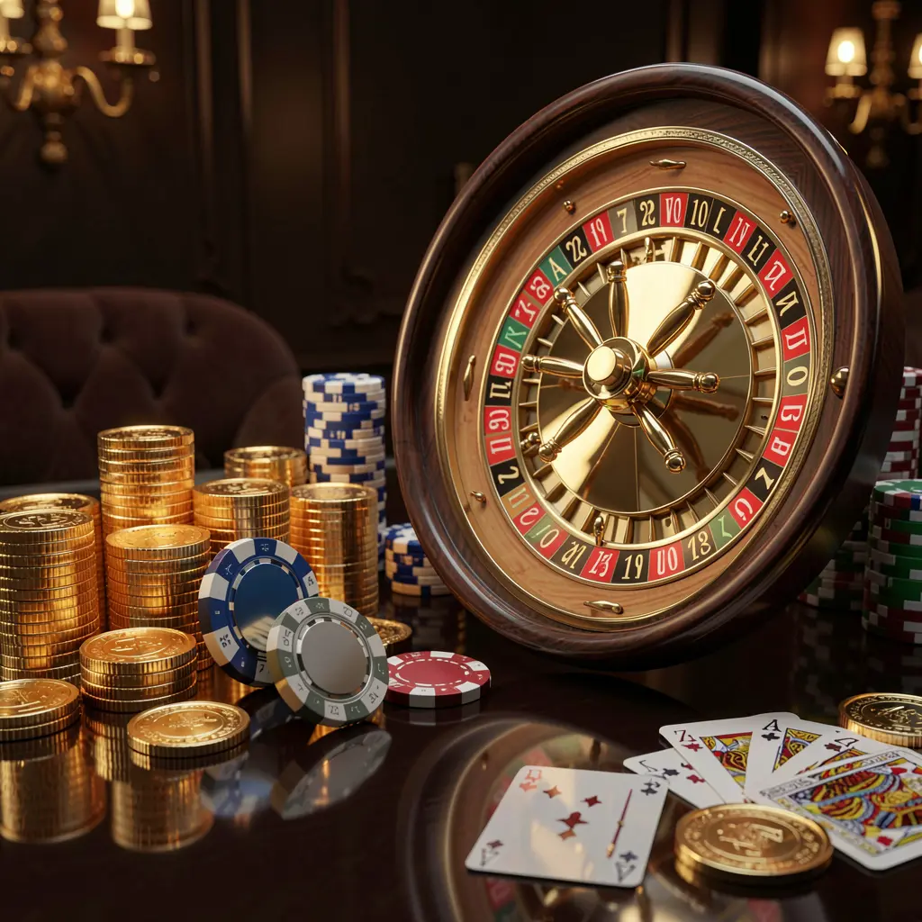 JYJILL premium online casino banner featuring golden coins, glowing chips, a roulette wheel, and playing cards on a glossy table with an elegant dark background in a high detail realistic 3D render