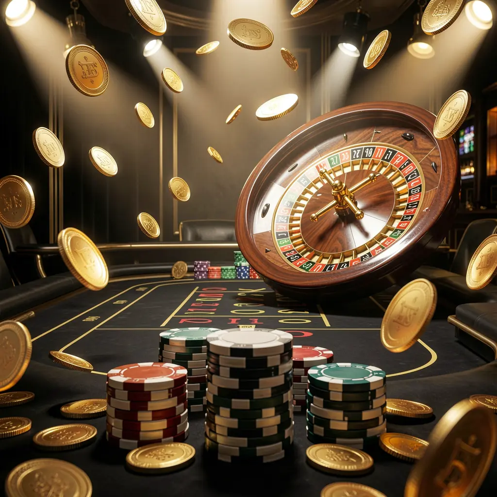 JYJILL online casino main page background featuring dramatic casino lights, golden coins flying, stacked poker chips in the foreground, and a roulette wheel behind in a luxury black and gold atmosphere